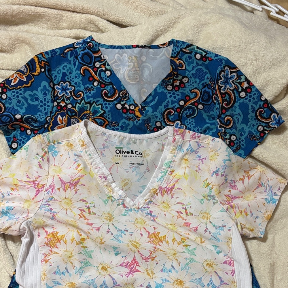 Olive & Co. Floral and Paisley V-Neck Scrubs Tops